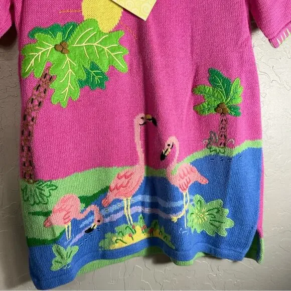 Quacker Factory pink flamingo short-sleeve ramie/cotton blend sweater NWT. - Picture 2 of 8
